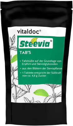 Sie sehen eine Packung vitaldoc® Steevia TABS Nachfüllbeutel, Produktbild: 01 vitaldoc® Steevia TABS Nachfüllbeutel, A-Nr.: 5619827 - 01