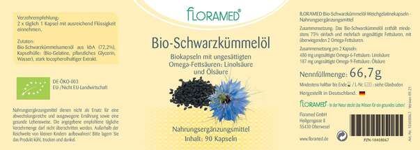 Sie sehen eine Packung Floramed Bio-Schwarzkümmelöl Kapseln DE-ÖKO-003, Produktbild: 01 Floramed Bio-Schwarzkümmelöl Kapseln DE-ÖKO-003, A-Nr.: 4389992 - 01