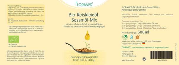 Sie sehen eine Packung Floramed Bio-Reiskleieöl-Sesamöl-Mix DE-ÖKO-003, Produktbild: 01 Floramed Bio-Reiskleieöl-Sesamöl-Mix DE-ÖKO-003, A-Nr.: 4389986 - 01