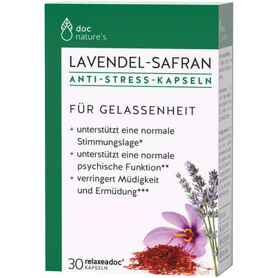 Sie sehen eine Packung doc nature’s LAVENDEL-SAFRAN ANTI-STRESS KAPSELN, Produktbild: 01 doc nature’s LAVENDEL-SAFRAN ANTI-STRESS KAPSELN, A-Nr.: 4604545 - 01