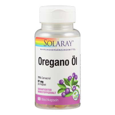 Sie sehen eine Packung Supplementa Oregano Öl 70% Carvacrol Weichkapseln Solaray, Produktbild: 01 Supplementa Oregano Öl 70% Carvacrol Weichkapseln Solaray, A-Nr.: 5597801 - 01