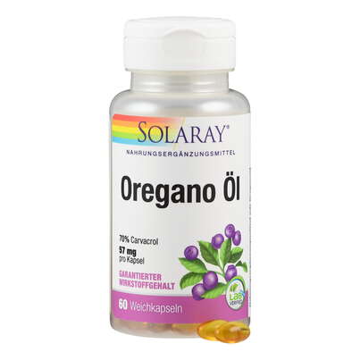 Sie sehen eine Packung Supplementa Oregano Öl 70% Carvacrol Weichkapseln Solaray, Produktbild: 03 Supplementa Oregano Öl 70% Carvacrol Weichkapseln Solaray, A-Nr.: 5597801 - 03