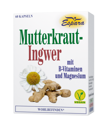 Sie sehen eine Packung Espara Mutterkraut-Ingwer Kapseln, Produktbild: 01 Espara Mutterkraut-Ingwer Kapseln, A-Nr.: 4865808 - 01