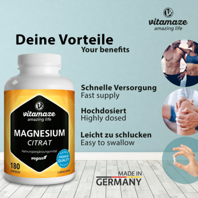 Sie sehen eine Packung Vitamaze Magnesium Citrat 360mg vegan, Produktbild: 02 Vitamaze Magnesium Citrat 360mg vegan, A-Nr.: 5274073 - 02