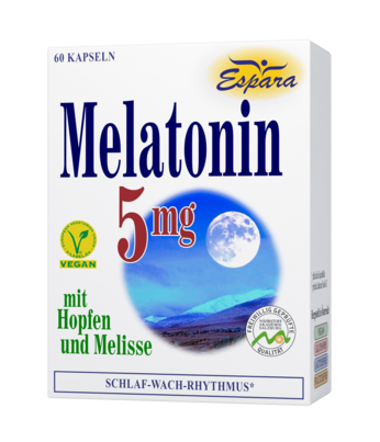 Sie sehen eine Packung Espara Melatonin 5mg Kapseln, Produktbild: 01 Espara Melatonin 5mg Kapseln, A-Nr.: 3957402 - 01