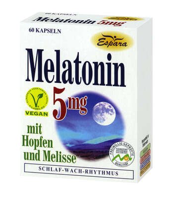 Sie sehen eine Packung Espara Melatonin 5mg Kapseln, Produktbild: 02 Espara Melatonin 5mg Kapseln, A-Nr.: 3957402 - 02