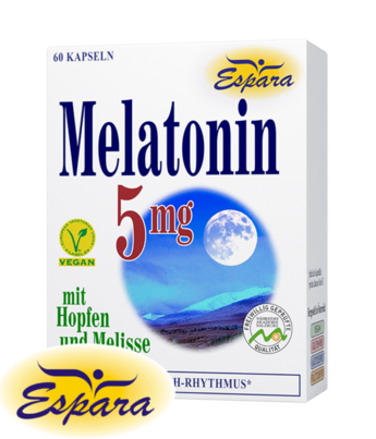 Sie sehen eine Packung Espara Melatonin 5mg Kapseln, Produktbild: 03 Espara Melatonin 5mg Kapseln, A-Nr.: 3957402 - 03