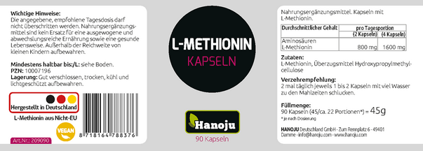 Sie sehen eine Packung Hanoju Methionin Kapseln 400mg, Produktbild: 02 Hanoju Methionin Kapseln 400mg, A-Nr.: 4255576 - 02