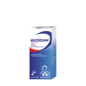 Sie sehen eine Packung Mucosolvan® 30 mg/5 ml - Saft, Produktbild: 01 Mucosolvan® 30 mg/5 ml - Saft, A-Nr.: 3531608 - 01