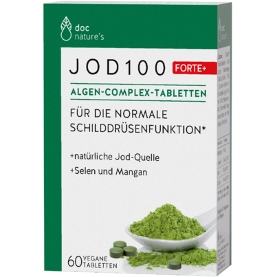 Sie sehen eine Packung doc nature’s Jod 100 Forte+ Algen-Complex-Tabletten, Produktbild: 01 doc nature’s Jod 100 Forte+ Algen-Complex-Tabletten, A-Nr.: 5289318 - 01