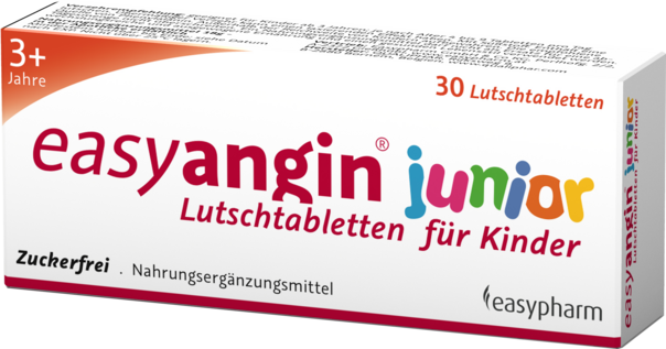 Sie sehen eine Packung easyangin junior Lutschtabletten für Kinder, Produktbild: 02 easyangin junior Lutschtabletten für Kinder, A-Nr.: 4150400 - 02