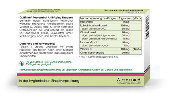 Sie sehen eine Packung Dr. Böhm Resveratrol Anti-Aging, Produktbild: 03 Dr. Böhm Resveratrol Anti-Aging, A-Nr.: 2979695 - 03