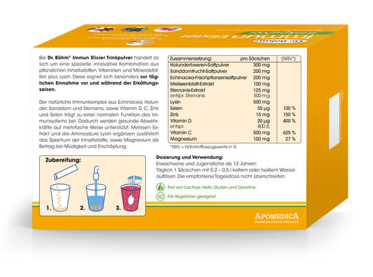 Sie sehen eine Packung Dr. Böhm Immun Elixier Trinkpulver, Produktbild: 03 Dr. Böhm Immun Elixier Trinkpulver, A-Nr.: 5377011 - 03