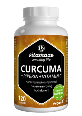 Sie sehen eine Packung Vitamaze Curcuma +Piperin u. Vit. C vegan, Produktbild: 01 Vitamaze Curcuma +Piperin u. Vit. C vegan, A-Nr.: 5179363 - 01