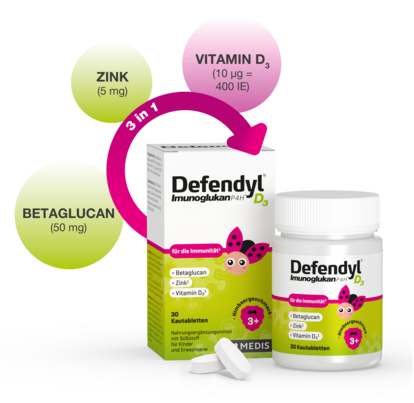 Sie sehen eine Packung Defendyl-Imunoglukan P4H D3 Kautabletten, Produktbild: 02 Defendyl-Imunoglukan P4H D3 Kautabletten, A-Nr.: 5791265 - 02