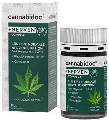 Sie sehen eine Packung cannabidoc® +NERVEN* COMPLEX, Produktbild: 01 cannabidoc® +NERVEN* COMPLEX, A-Nr.: 5607385 - 01