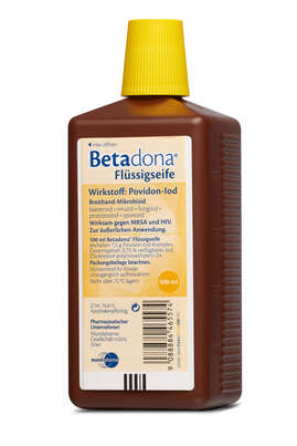 Sie sehen eine Packung Betadona® Flüssigseife 500 ml, Produktbild: 01 Betadona® Flüssigseife 500 ml, A-Nr.: 4465575 - 01