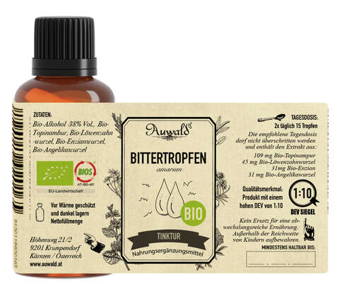 Sie sehen eine Packung Auwald® - Bittertropfen BIO Tropfen (Auszug, Extrakt, Essenz), Produktbild: 04 Auwald® - Bittertropfen BIO Tropfen (Auszug, Extrakt, Essenz), A-Nr.: 5679893 - 04