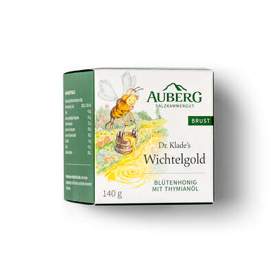 Sie sehen eine Packung AUBERG Wichtelgold Honig mit Thymian, Produktbild: 01 AUBERG Wichtelgold Honig mit Thymian, A-Nr.: 4734934 - 01