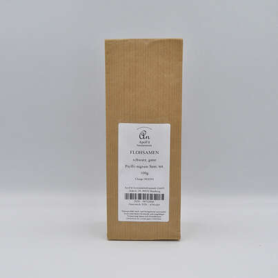 Sie sehen eine Packung Flohsamen ganz schwarz, Produktbild: 01 Flohsamen ganz schwarz, A-Nr.: 4791429 - 01