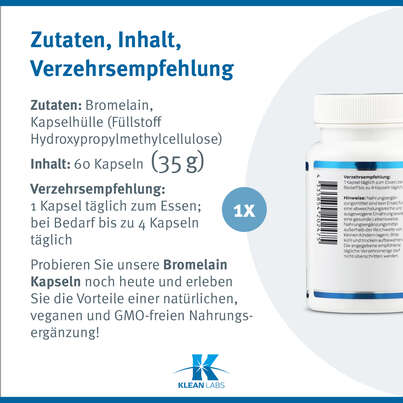 Sie sehen eine Packung Bromelain Kapseln 500 mg Klean Labs, Produktbild: 09 Bromelain Kapseln 500 mg Klean Labs, A-Nr.: 5598373 - 09