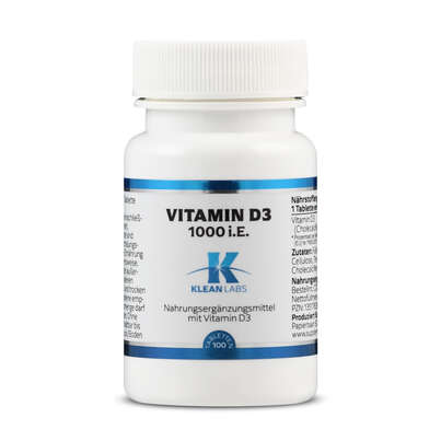 Sie sehen eine Packung Vitamin D3 1000 i.E. Klean Labs Tabletten, Produktbild: 01 Vitamin D3 1000 i.E. Klean Labs Tabletten, A-Nr.: 5598284 - 01