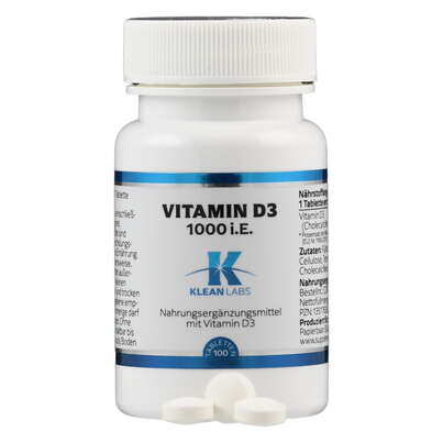 Sie sehen eine Packung Vitamin D3 1000 i.E. Klean Labs Tabletten, Produktbild: 04 Vitamin D3 1000 i.E. Klean Labs Tabletten, A-Nr.: 5598284 - 04