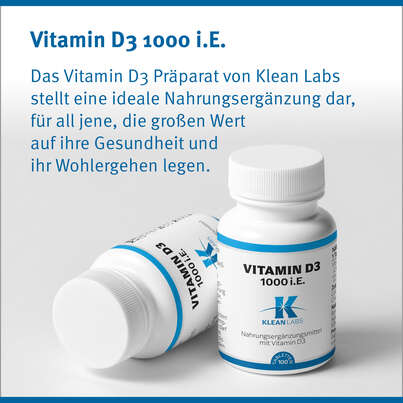 Sie sehen eine Packung Vitamin D3 1000 i.E. Klean Labs Tabletten, Produktbild: 06 Vitamin D3 1000 i.E. Klean Labs Tabletten, A-Nr.: 5598284 - 06