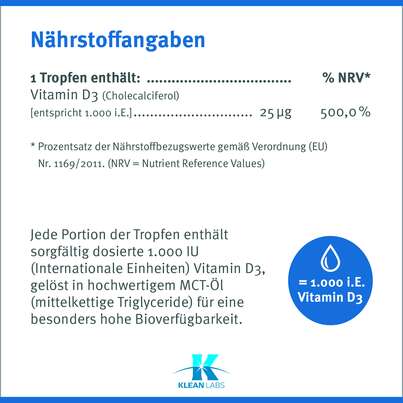 Sie sehen eine Packung Vitamin D3 1000 i.E. Klean Labs flüssig, Produktbild: 07 Vitamin D3 1000 i.E. Klean Labs flüssig, A-Nr.: 5598226 - 07