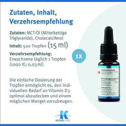 Sie sehen eine Packung Vitamin D3 1000 i.E. Klean Labs flüssig, Produktbild: 08 Vitamin D3 1000 i.E. Klean Labs flüssig, A-Nr.: 5598226 - 08