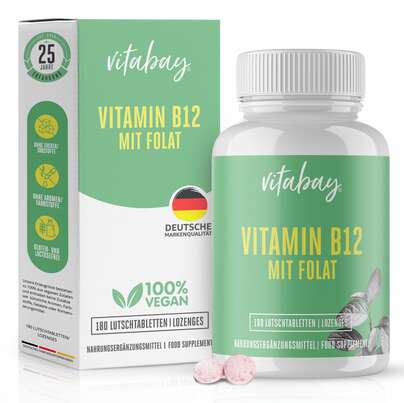 Sie sehen eine Packung Vitabay Vitamin B12 mit Folat Lutschtabletten, Produktbild: 01 Vitabay Vitamin B12 mit Folat Lutschtabletten, A-Nr.: 5878428 - 01