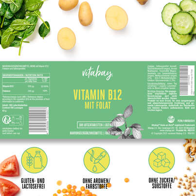 Sie sehen eine Packung Vitabay Vitamin B12 mit Folat Lutschtabletten, Produktbild: 06 Vitabay Vitamin B12 mit Folat Lutschtabletten, A-Nr.: 5878428 - 06