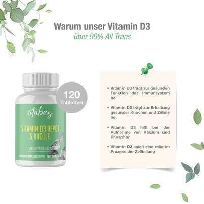 Sie sehen eine Packung Vitabay Vitamin D3 Depot 5.000 I.E. Tabletten, Produktbild: 04 Vitabay Vitamin D3 Depot 5.000 I.E. Tabletten, A-Nr.: 5877759 - 04