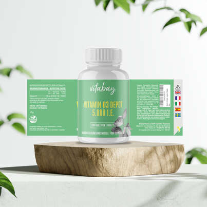 Sie sehen eine Packung Vitabay Vitamin D3 Depot 5.000 I.E. Tabletten, Produktbild: 05 Vitabay Vitamin D3 Depot 5.000 I.E. Tabletten, A-Nr.: 5877759 - 05