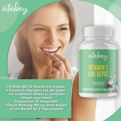 Sie sehen eine Packung Vitabay Vitamin E 600 IE Weichkapseln, Produktbild: 03 Vitabay Vitamin E 600 IE Weichkapseln, A-Nr.: 5878144 - 03