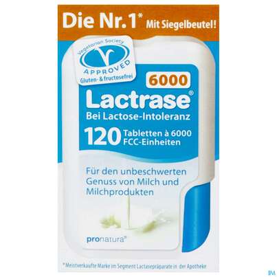 Sie sehen eine Packung Lactrase Tabl Im Klickspender 6.000 Fcc -pro Natura 120st, Produktbild: 01 Lactrase Tabl Im Klickspender 6.000 Fcc -pro Natura 120st, A-Nr.: 4309496 - 01