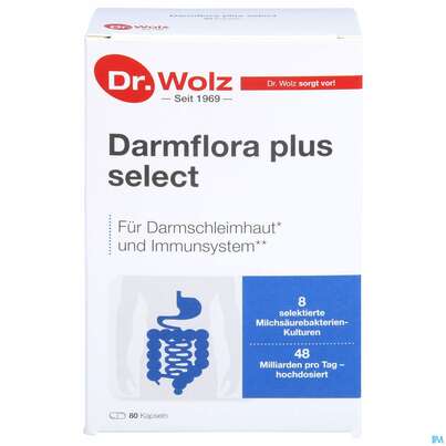 Sie sehen eine Packung Darmflora Plus Dr.wolz Select Kapseln Nr 60570 80st, Produktbild: 01 Darmflora Plus Dr.wolz Select Kapseln Nr 60570 80st, A-Nr.: 3839306 - 01