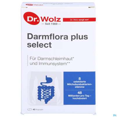 Sie sehen eine Packung Darmflora Plus Dr.wolz Select Kapseln Nr 60586 40st, Produktbild: 01 Darmflora Plus Dr.wolz Select Kapseln Nr 60586 40st, A-Nr.: 3839298 - 01