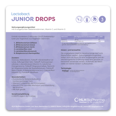 Sie sehen eine Packung Lactobact JUNIOR DROPS, Produktbild: 04 Lactobact JUNIOR DROPS, A-Nr.: 4589231 - 04
