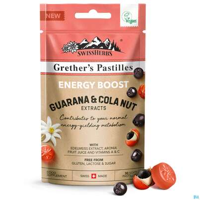 Sie sehen eine Packung Swissherbs Grether’s Pastilles Energy Boost Zuckerfrei 45g, Produktbild: 01 Swissherbs Grether’s Pastilles Energy Boost Zuckerfrei 45g, A-Nr.: 5384755 - 01