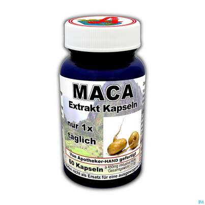 Sie sehen eine Packung Maca Kapseln -extrakt 400mg 60st, Produktbild: 02 Maca Kapseln -extrakt 400mg 60st, A-Nr.: 4136297 - 02