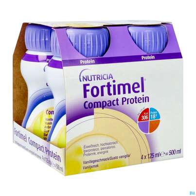 Sie sehen eine Packung Fortimel/compact/protein 125ml Vitalflasche Vanille 4st, Produktbild: 02 Fortimel/compact/protein 125ml Vitalflasche Vanille 4st, A-Nr.: 3948633 - 02