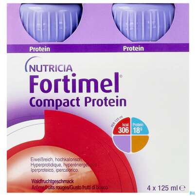 Sie sehen eine Packung Fortimel/compact/protein 125ml Vitalflasche Waldfrucht 4st, Produktbild: 01 Fortimel/compact/protein 125ml Vitalflasche Waldfrucht 4st, A-Nr.: 4337274 - 01