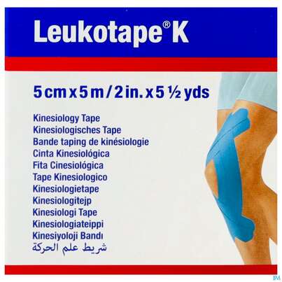 Sie sehen eine Packung Tape Kinesiologisch Leukotape K 5mx 5cm Blau 1st, Produktbild: 01 Tape Kinesiologisch Leukotape K 5mx 5cm Blau 1st, A-Nr.: 3151900 - 01