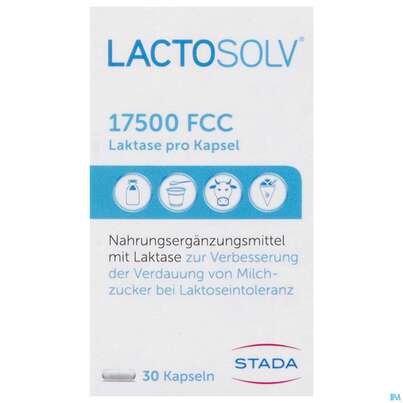 Sie sehen eine Packung Lactosolv Kapseln Enzym Lactase 17500 Fcc Dose 30st, Produktbild: 01 Lactosolv Kapseln Enzym Lactase 17500 Fcc Dose 30st, A-Nr.: 3949041 - 01