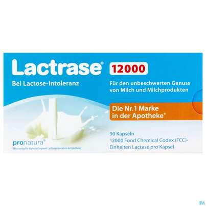 Sie sehen eine Packung Lactrase Kapseln 12.000 Fcc -pro Natura 90st, Produktbild: 01 Lactrase Kapseln 12.000 Fcc -pro Natura 90st, A-Nr.: 4797248 - 01