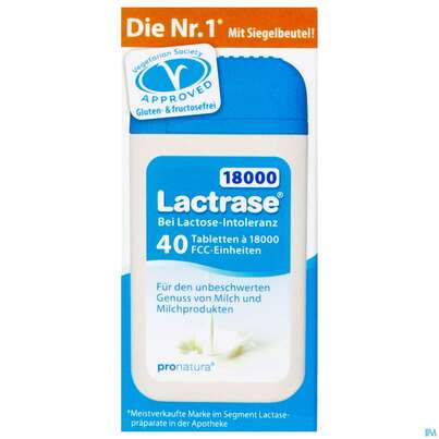 Sie sehen eine Packung Lactrase Kapseln 18.000 Fcc -pro Natura 40st, Produktbild: 01 Lactrase Kapseln 18.000 Fcc -pro Natura 40st, A-Nr.: 4545469 - 01