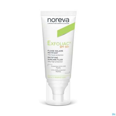 Sie sehen eine Packung Noreva Exfoliac Mattierender Sonnenschutz Lsf50+ 40ml, Produktbild: 01 Noreva Exfoliac Mattierender Sonnenschutz Lsf50+ 40ml, A-Nr.: 5354814 - 01