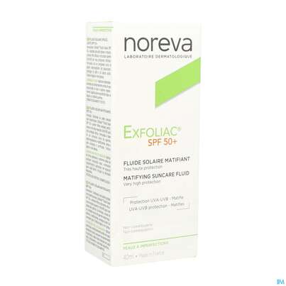 Sie sehen eine Packung Noreva Exfoliac Mattierender Sonnenschutz Lsf50+ 40ml, Produktbild: 02 Noreva Exfoliac Mattierender Sonnenschutz Lsf50+ 40ml, A-Nr.: 5354814 - 02