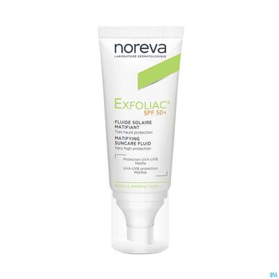 Sie sehen eine Packung Noreva Exfoliac Mattierender Sonnenschutz Lsf50+ 40ml, Produktbild: 03 Noreva Exfoliac Mattierender Sonnenschutz Lsf50+ 40ml, A-Nr.: 5354814 - 03